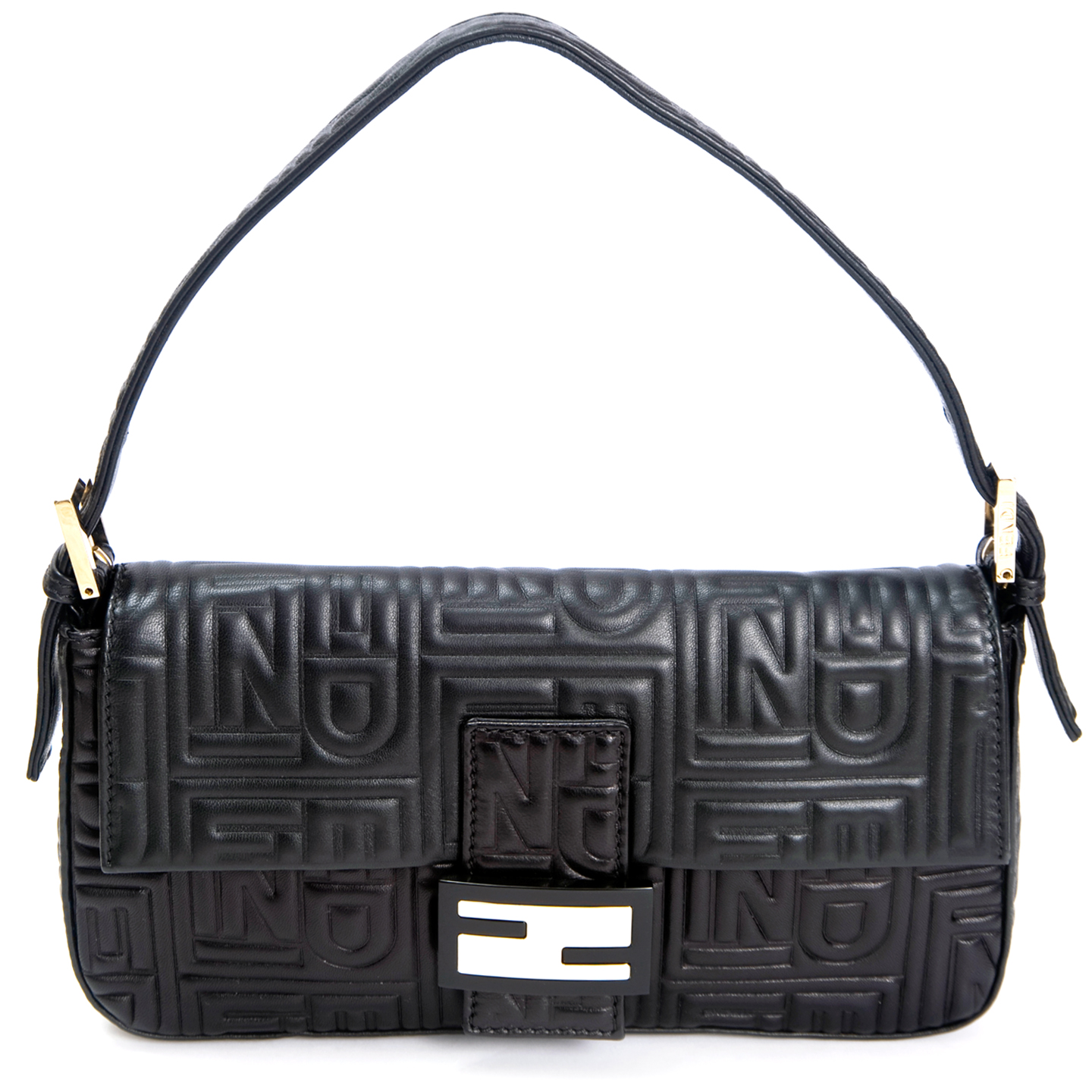 Fendi Black Embossed Nappa Leather Baguette Bag - LabelCentric