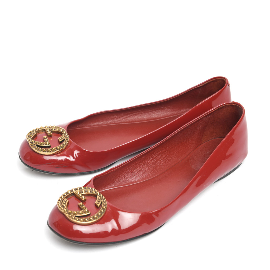 Gucci Red Patent GG Studded Ballet Flats, Size 37.5 - LabelCentric