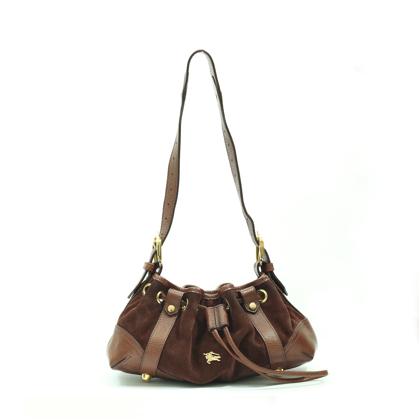 Burberry Brown Suede and Leather Small Drawstring Hobo - LabelCentric