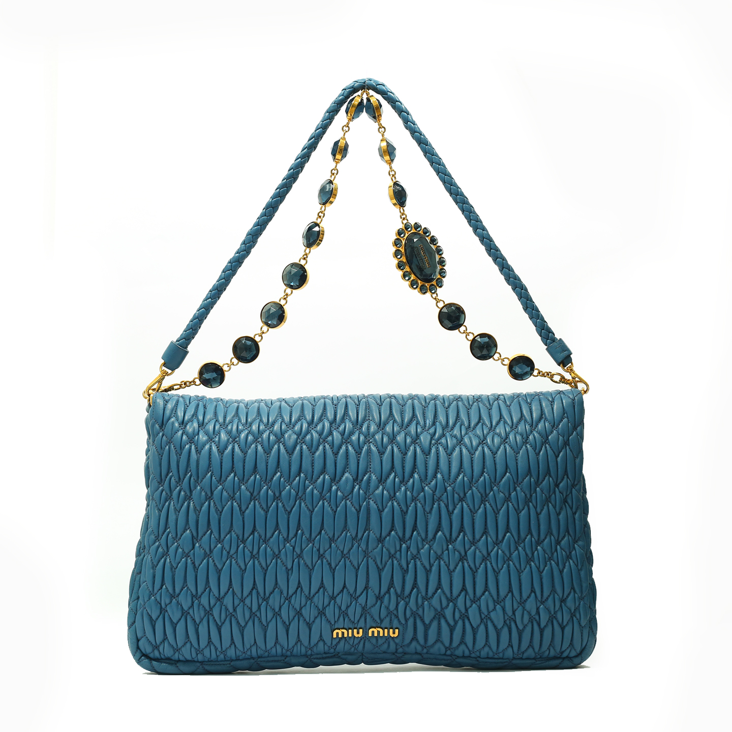 Miu Miu Matelassé Rhinestone-Strap Shoulder Bag - Blue for Women