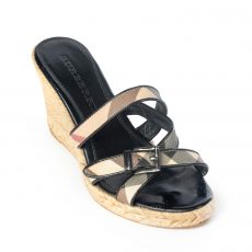 Burberry Black Patent Leather and Nova Check Espadrille Wedge Sandals