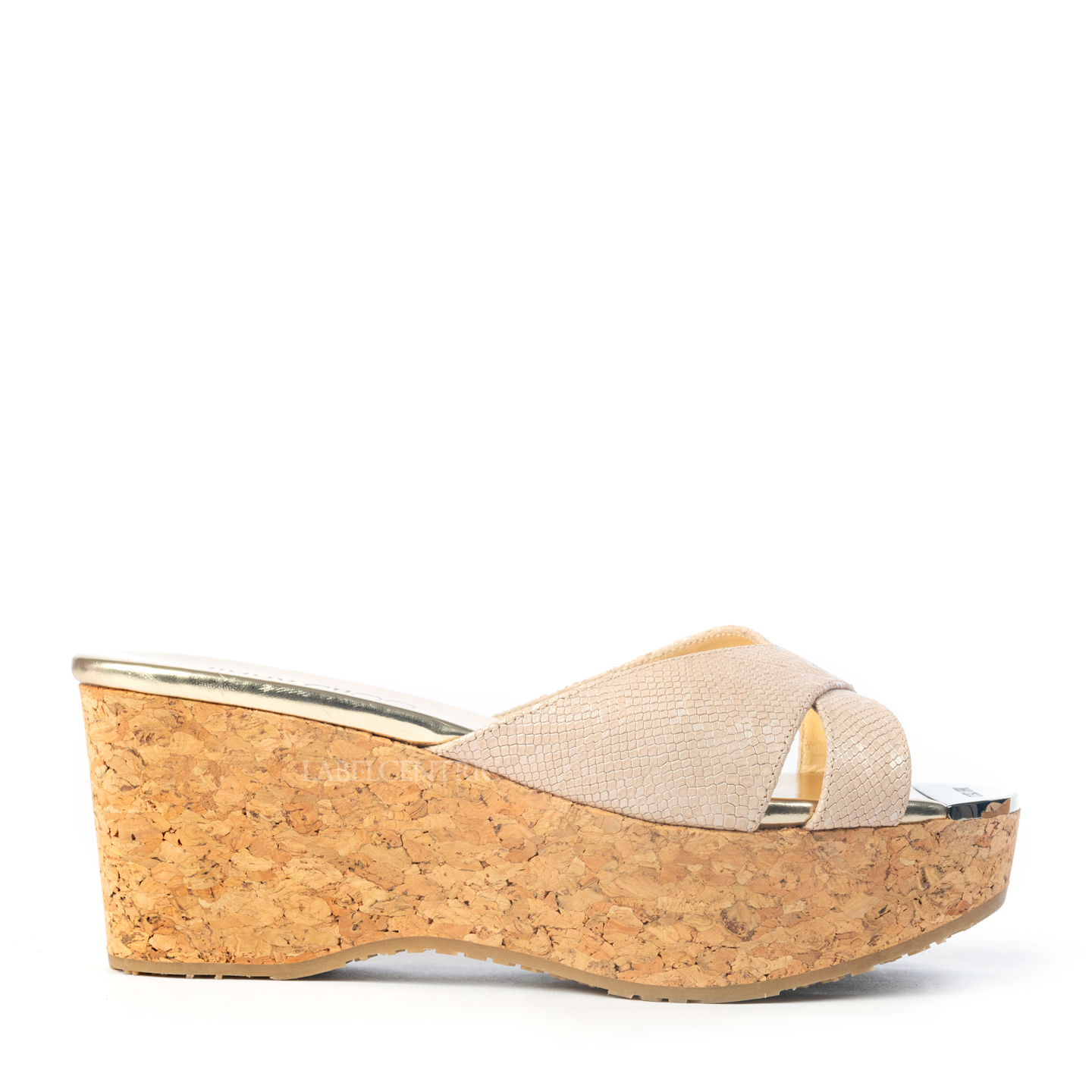 Jimmy Choo Pink Embossed Suede Prima Cork Wedges, Size 37 - LabelCentric