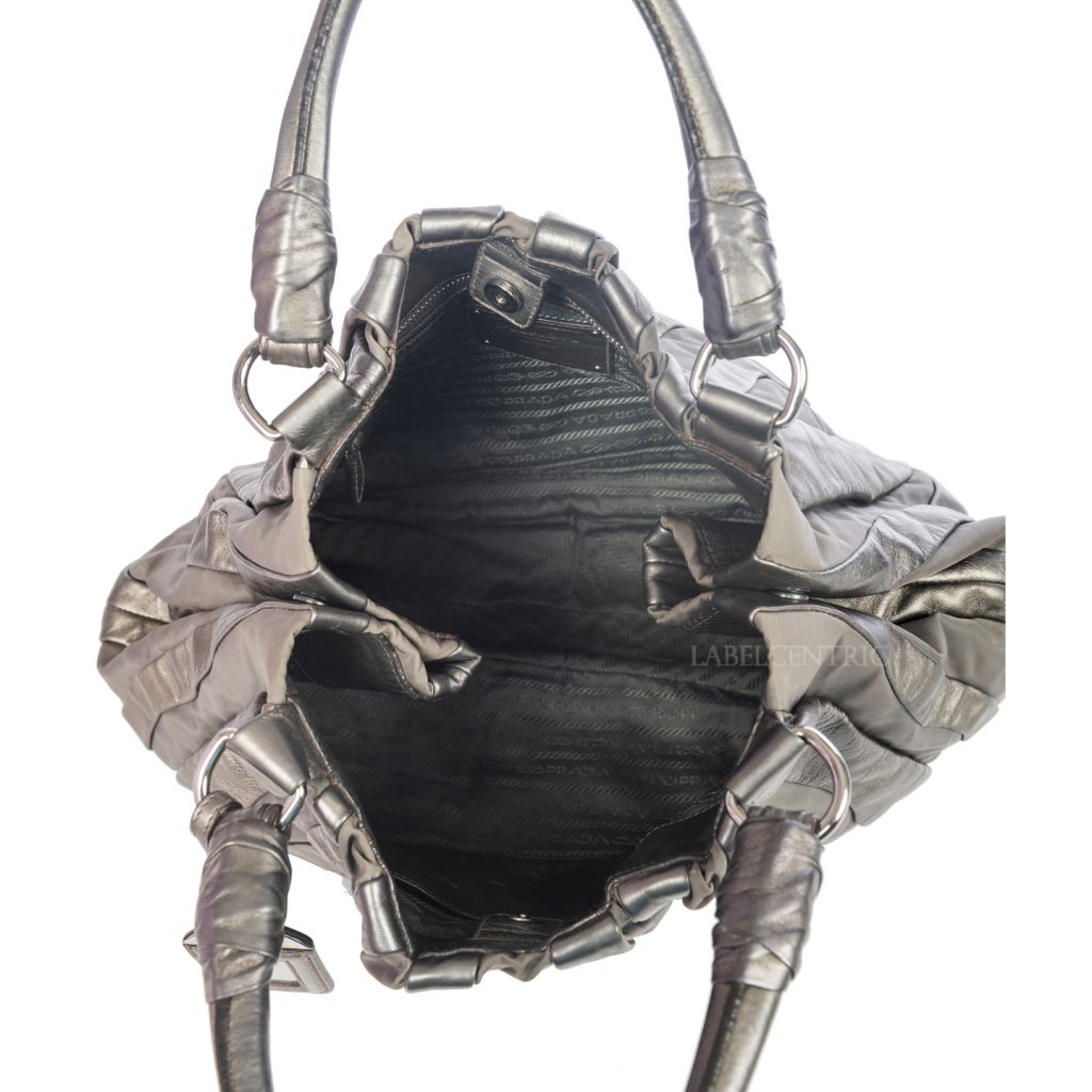 Prada Grey Nylon and Metallic Silver Leather Stripes Bag LabelCentric