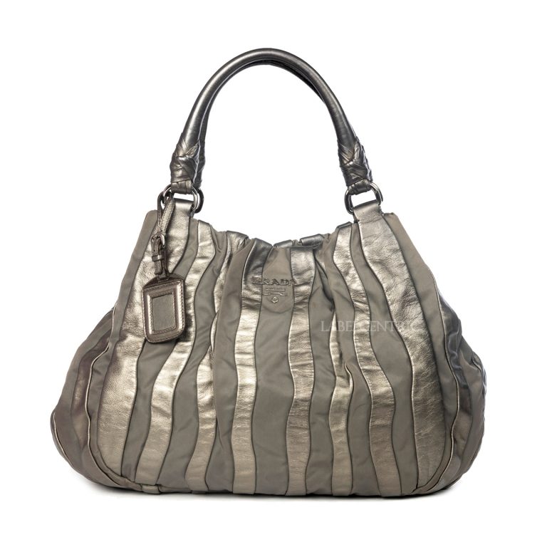 Prada Grey Nylon and Metallic Silver Leather Stripes Bag LabelCentric