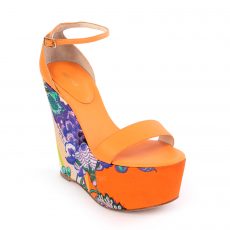 Roberto Cavalli Orange Floral Printed Satin and Leather Wedges