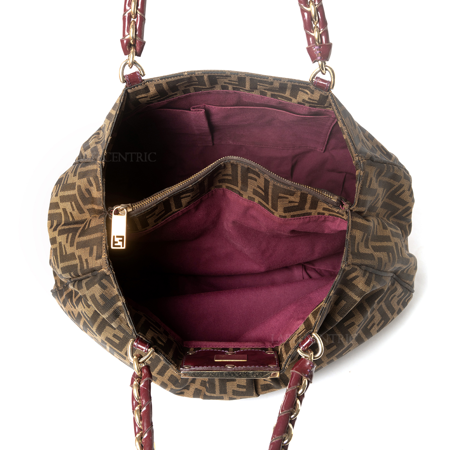 Fendi Tobacco Zucca Canvas and Patent Leather Mia Zip Shoulder Bag Fendi